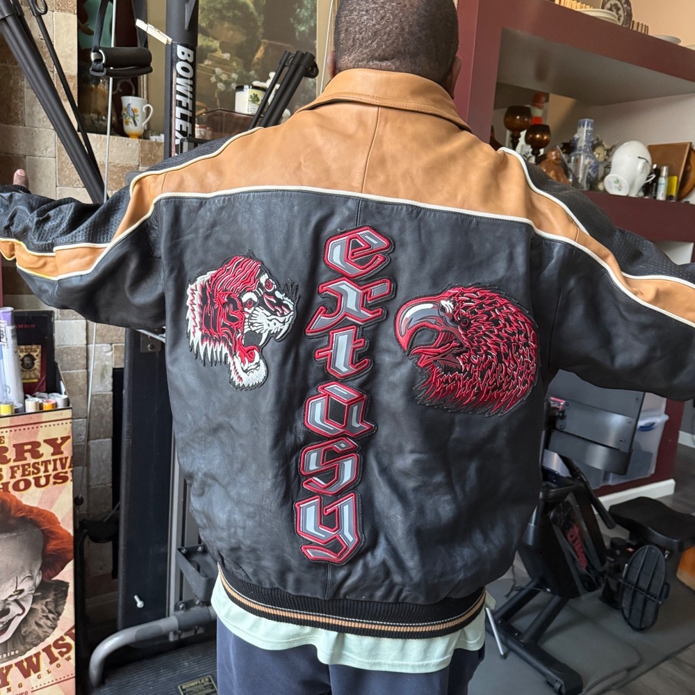 Extasy James & John Leather Bomber Jacket 4XL Tiger‎ Eagle Embroidered RARE Vtg - Picture 7 of 16